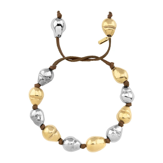 pulsera de piel de canguro con 6 perlas en baño de rodio y 6 perlas en baño de oro de 22K - Joyería y bisutería fina
