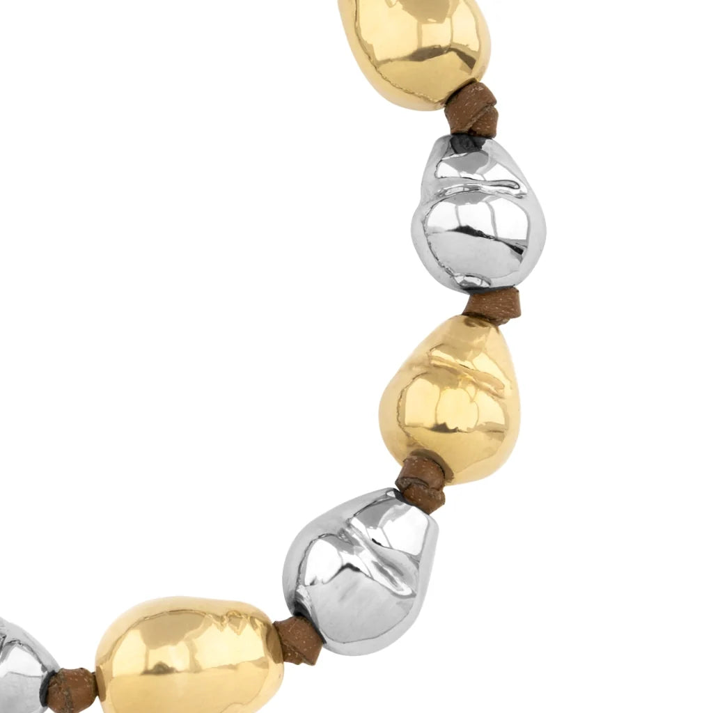 pulsera de piel de canguro con 6 perlas en baño de rodio y 6 perlas en baño de oro de 22K - Joyería y bisutería fina