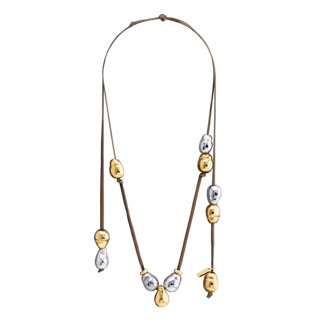 Collar ajustable de piel de canguro, con 5 perlas en baño de rodio y 6 perlas en baño de oro de 22K - Joyería y bisutería fina