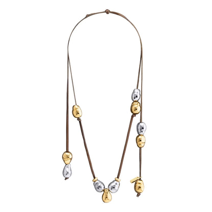 Collar ajustable de piel de canguro, con 5 perlas en baño de rodio y 6 perlas en baño de oro de 22K - Joyería y bisutería fina