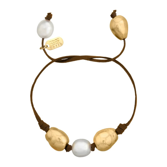 Pulsera de piel de canguro con 2 perlas japonesas 8-10mm, con 3 perlas en baño de oro de 22K - Joyería y bisutería fina