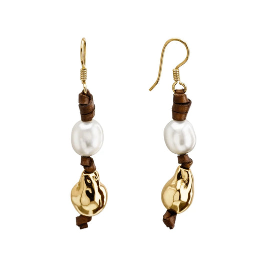 Aretes con gancho en plata esterlina .925, piel de canguro, perlas blancas japonesas 8-10mm y perlas en baño de oro de 22K - Joyería y bisutería fina