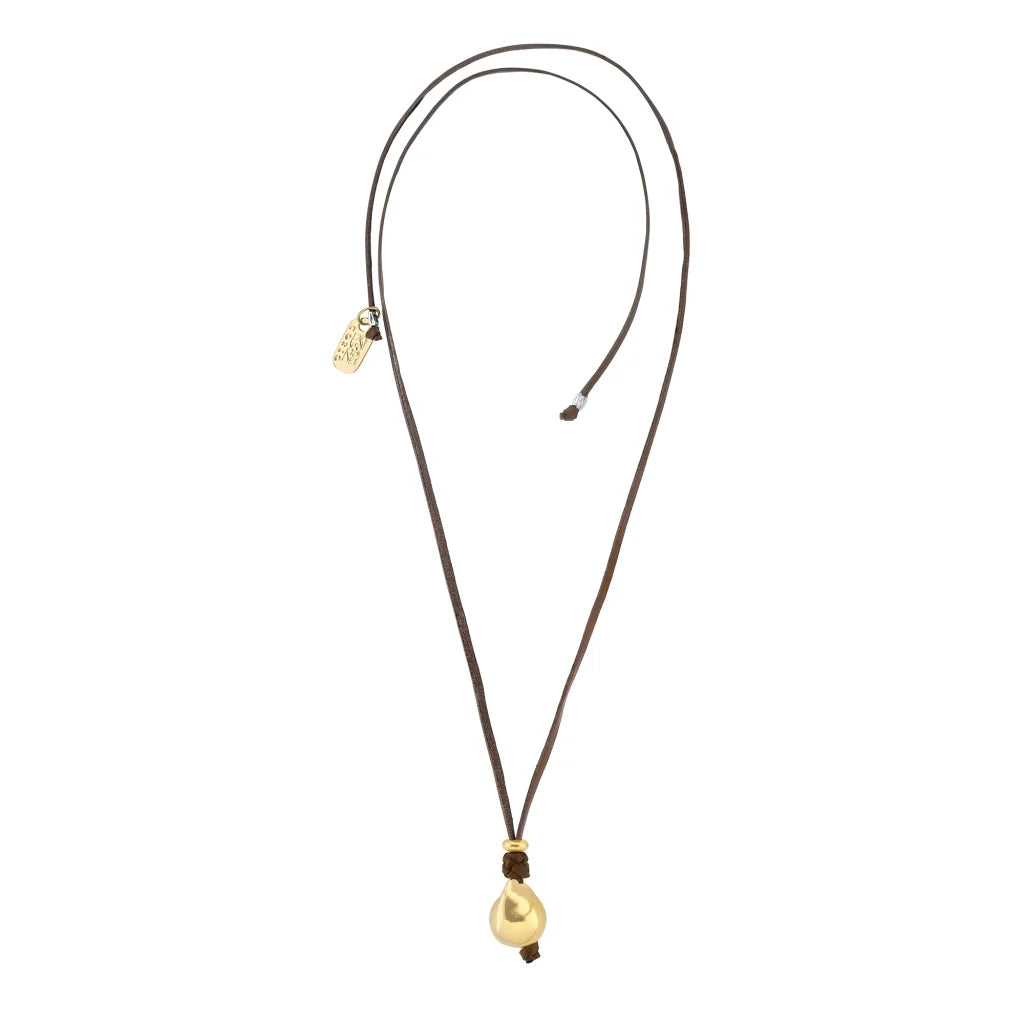 Collar de 43cm de piel de canguro con una perla grande en baño de oro de 22K - Joyería y bisutería fina