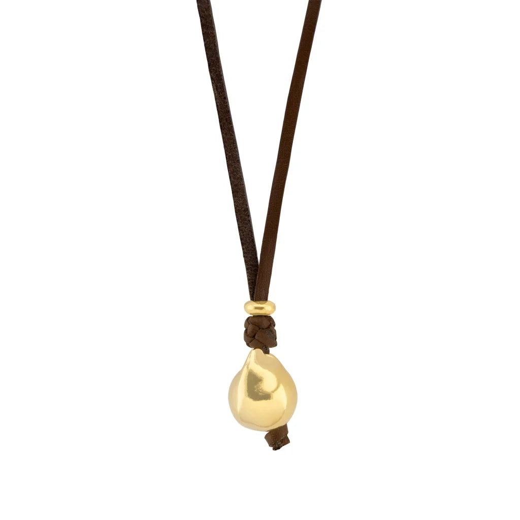 Collar de 43cm de piel de canguro con una perla grande en baño de oro de 22K - Joyería y bisutería fina