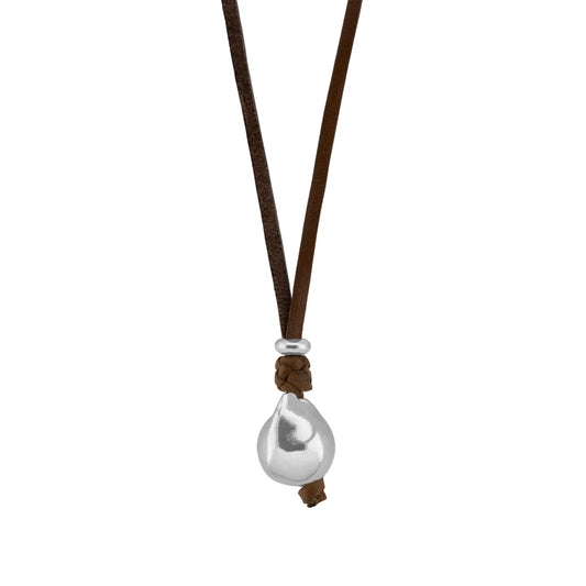 Collar de 43cm de piel de canguro con una perla grande en baño de rodio - Joyería y bisutería fina