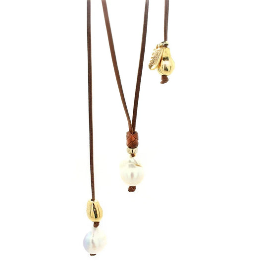 Collar ajustable de piel de canguro, con 2 perlas barrocas blancas australianas 8-10mm, con 2 perlas en baño de oro de 22K - Joyería y bisutería fina