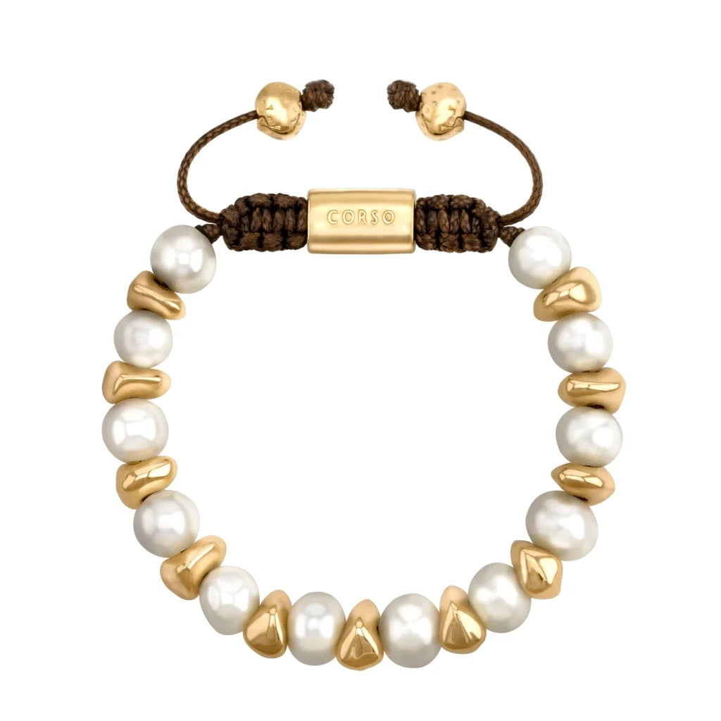 Pulsera ajustable con hilo de seda café, con perlas negras japonesas 8-10mm con detalles en baño de oro de 22K - Joyería y bisutería fina