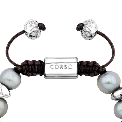 Pulsera ajustable con hilo de seda café, con perlas negras tahitianas 8-10mm con detalles en baño de rodio - Joyería y bisutería fina