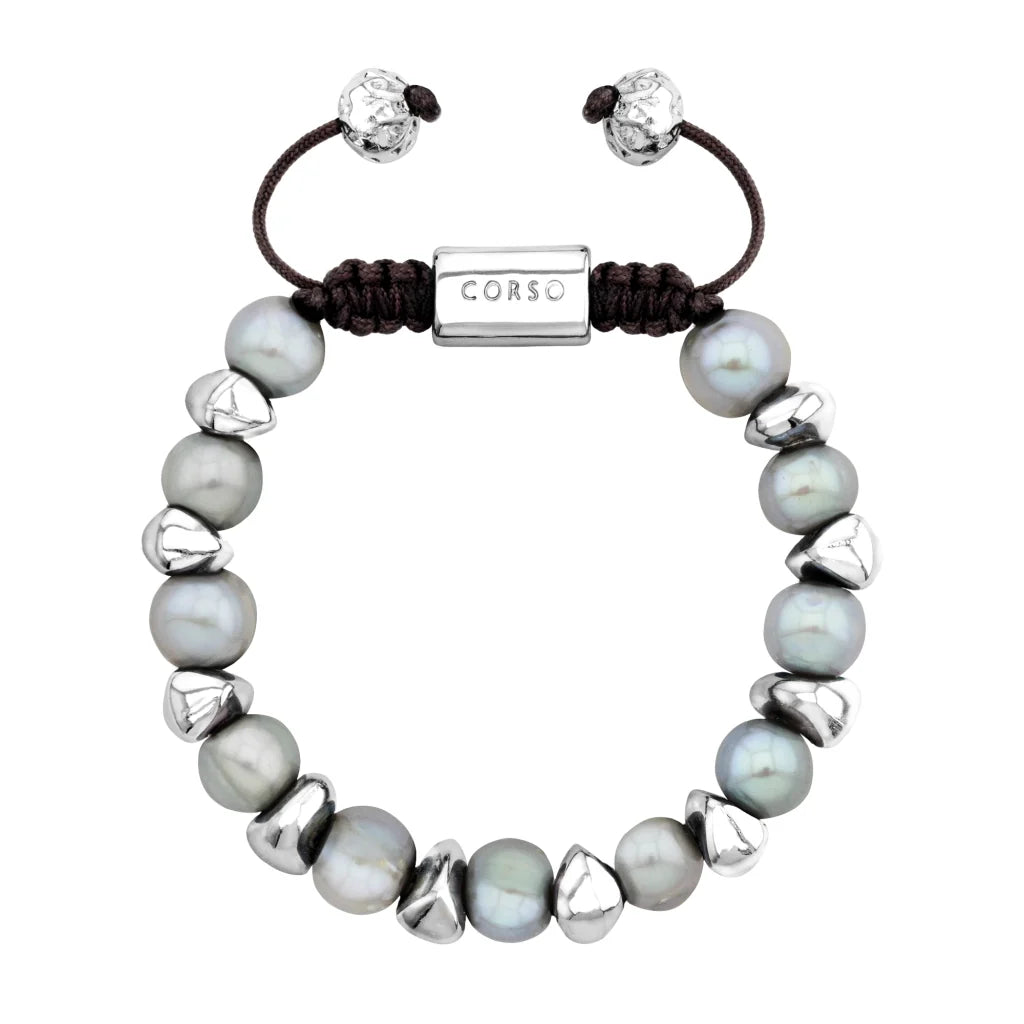 Pulsera ajustable con hilo de seda café, con perlas negras tahitianas 8-10mm con detalles en baño de rodio - Joyería y bisutería fina