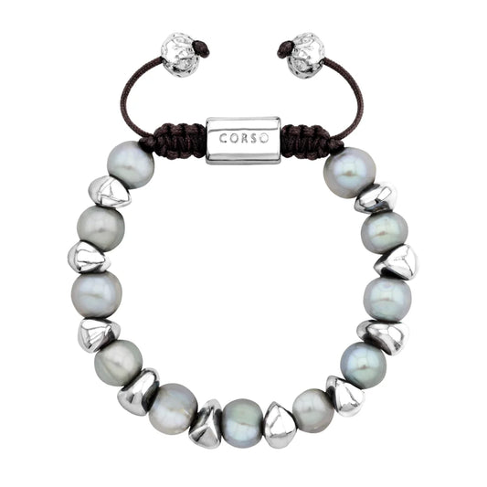 Pulsera ajustable con hilo de seda café, con perlas negras tahitianas 8-10mm con detalles en baño de rodio - Joyería y bisutería fina