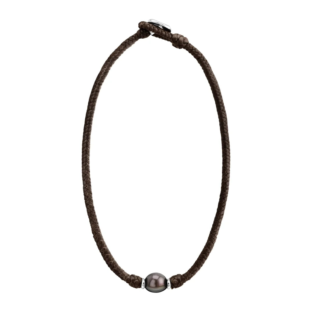 Collar choker de trenza de 4 hilos en piel de borrego, con perla tahitiana 8-10mm, con detalles en baño de rodio - Joyería y bisutería fina