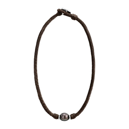 Collar choker de trenza de 4 hilos en piel de borrego, con perla tahitiana 8-10mm, con detalles en baño de rodio - Joyería y bisutería fina