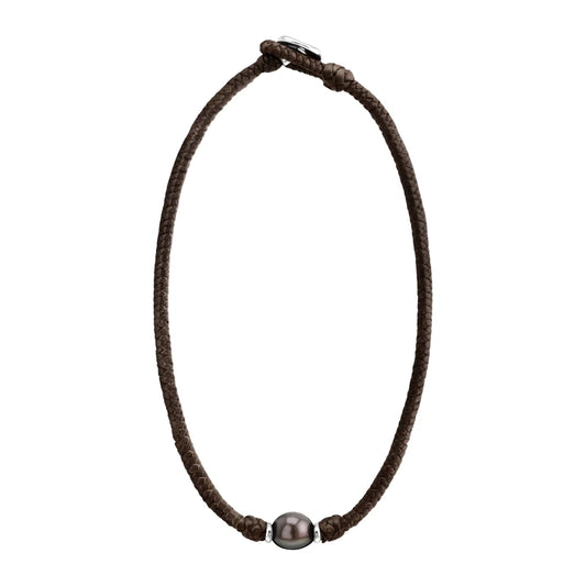 Collar choker de trenza de 4 hilos en piel de borrego, con perla tahitiana 8-10mm, con detalles en baño de rodio - Joyería y bisutería fina