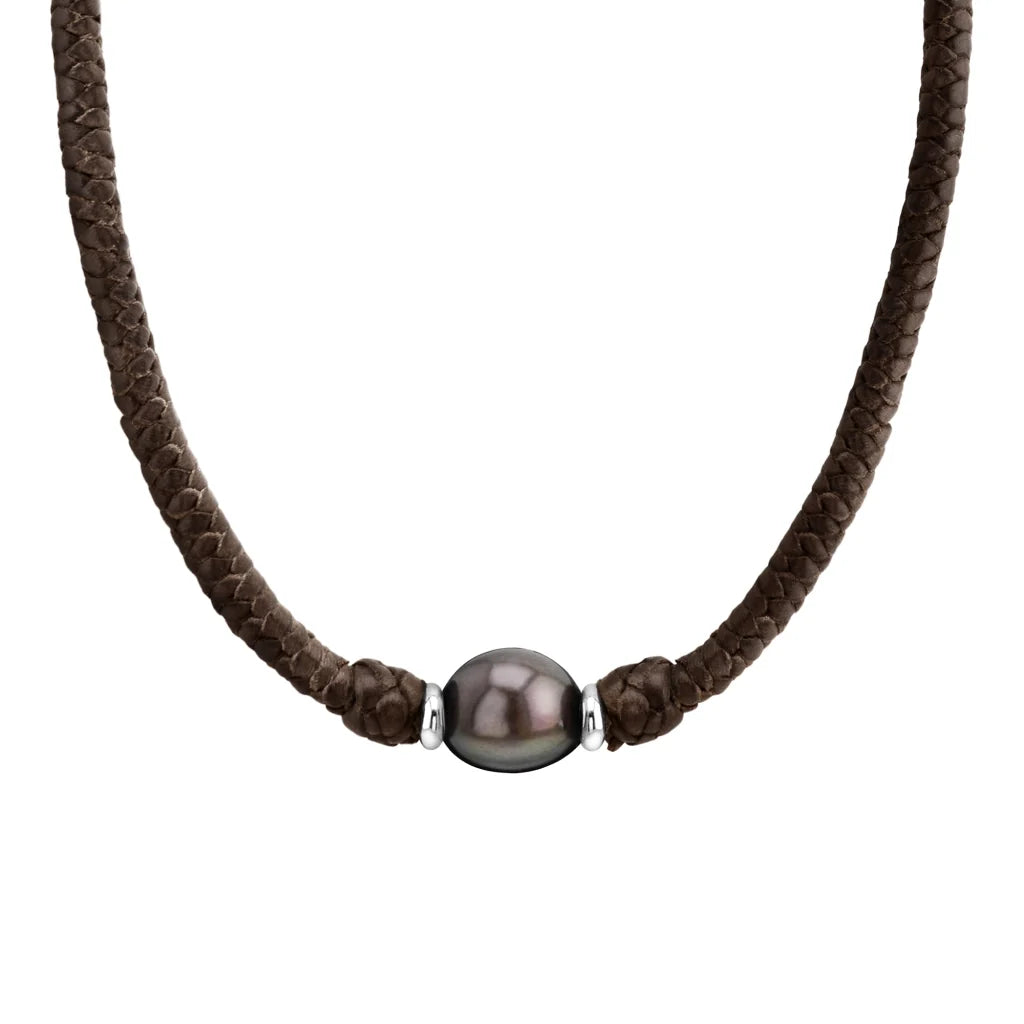 Collar choker de trenza de 4 hilos en piel de borrego, con perla tahitiana 8-10mm, con detalles en baño de rodio - Joyería y bisutería fina
