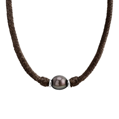 Collar choker de trenza de 4 hilos en piel de borrego, con perla tahitiana 8-10mm, con detalles en baño de rodio - Joyería y bisutería fina