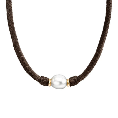 Collar choker de trenza de 4 hilos en piel de borrego, con perla japonesa 8-10mm, con detalles en baño de oro de 22K - Joyería y bisutería fina
