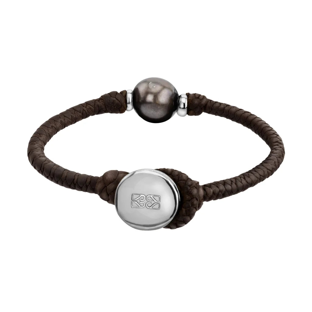 Pulsera de trenza de 4 hilos en piel de borrego, con perla tahitiana 8-10mm, con detalles en plata .925 - Joyería y bisutería fina
