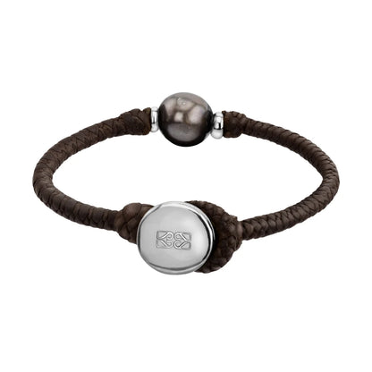 Pulsera de trenza de 4 hilos en piel de borrego, con perla tahitiana 8-10mm, con detalles en plata .925 - Joyería y bisutería fina