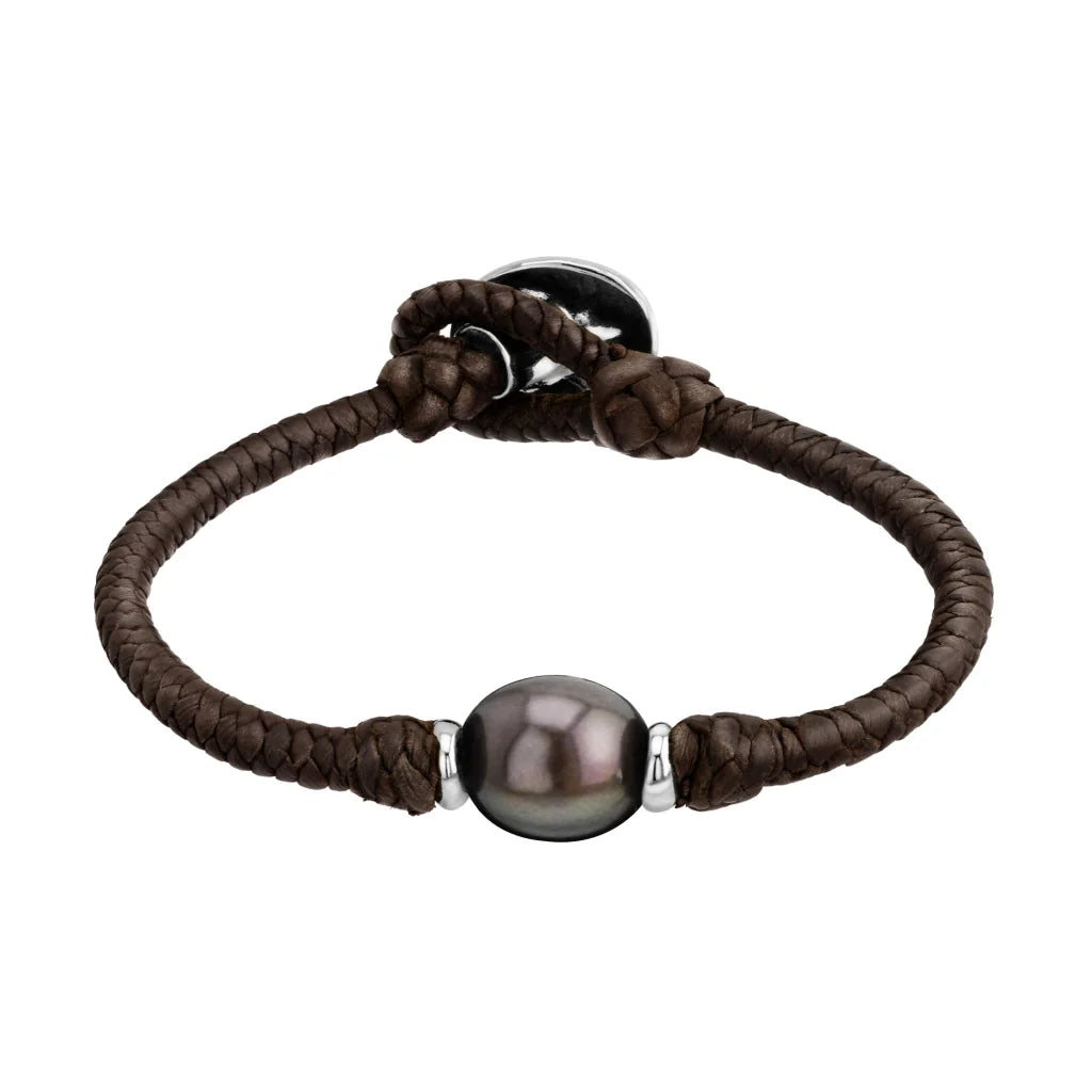 Pulsera de trenza de 4 hilos en piel de borrego, con perla tahitiana 8-10mm, con detalles en plata .925 - Joyería y bisutería fina