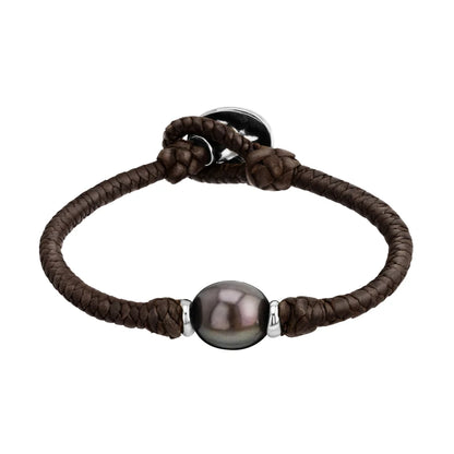 Pulsera de trenza de 4 hilos en piel de borrego, con perla tahitiana 8-10mm, con detalles en plata .925 - Joyería y bisutería fina