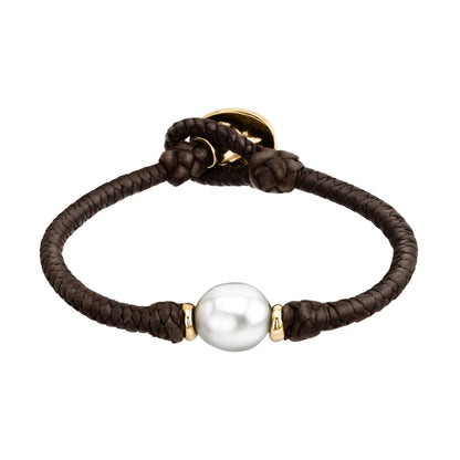 Pulsera de trenza de 4 hilos en piel de borrego, con perla japonesa 8-10mm, con detalles en baño de oro 22K - Joyería y bisutería fina