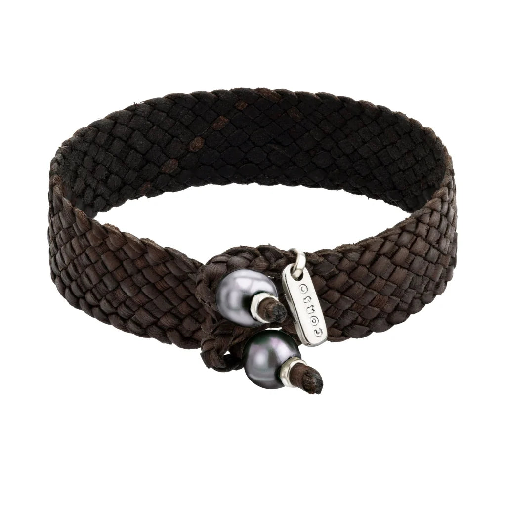 Pulsera en trenza plana de 12 hilos de piel natural de borrego, con 2 perlas tahitianas 8-10mm, detalles en baño de rodio - Joyería y bisutería fina