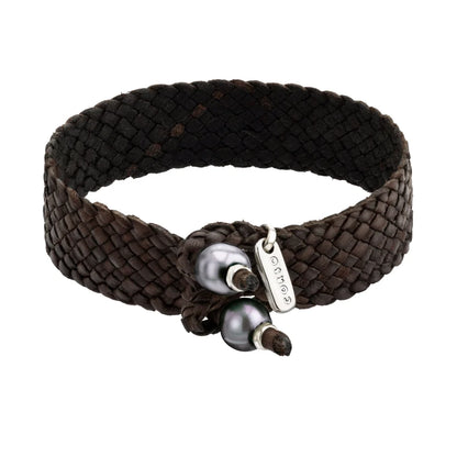 Pulsera en trenza plana de 12 hilos de piel natural de borrego, con 2 perlas tahitianas 8-10mm, detalles en baño de rodio - Joyería y bisutería fina