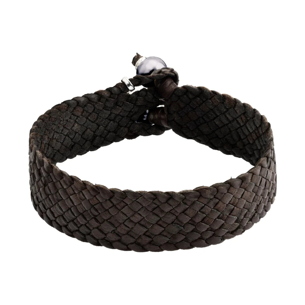 Pulsera en trenza plana de 12 hilos de piel natural de borrego, con 2 perlas tahitianas 8-10mm, detalles en baño de rodio - Joyería y bisutería fina