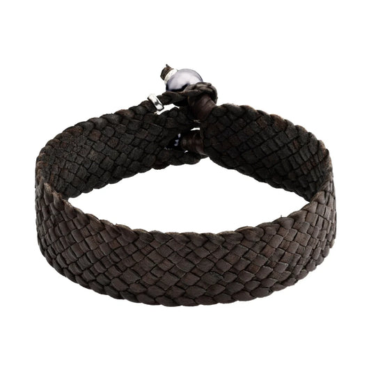 Pulsera en trenza plana de 12 hilos de piel natural de borrego, con 2 perlas tahitianas 8-10mm, detalles en baño de rodio - Joyería y bisutería fina