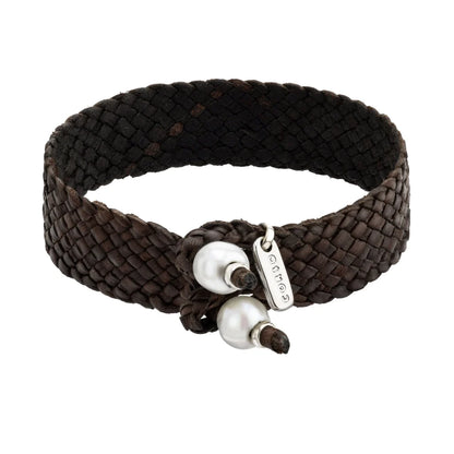 Pulsera en trenza plana de 12 hilos de piel natural de borrego, con 2 perlas tahitianas 8-10mm, detalles en baño de oro de 22K - Joyería y bisutería fina