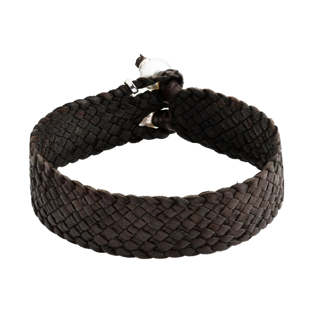 Pulsera en trenza plana de 12 hilos de piel natural de borrego, con 2 perlas tahitianas 8-10mm, detalles en baño de oro de 22K - Joyería y bisutería fina