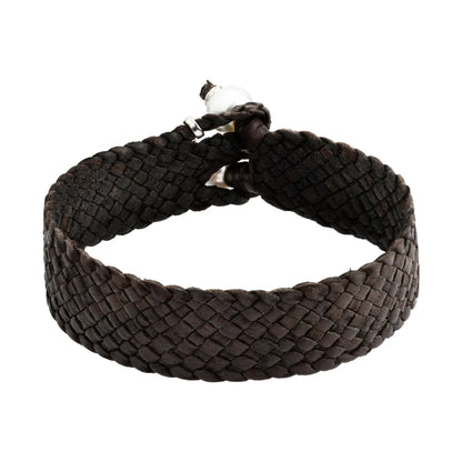 Pulsera en trenza plana de 12 hilos de piel natural de borrego, con 2 perlas tahitianas 8-10mm, detalles en baño de oro de 22K - Joyería y bisutería fina
