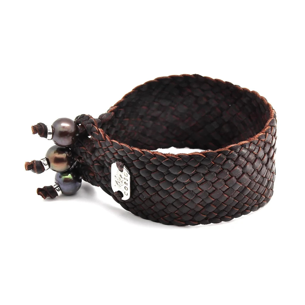 Pulsera en trenza plana de 18 hilos de piel natural de borrego, con 3 perlas japonesas 8-10mm, detalles en baño de rodio - Joyería y bisutería fina