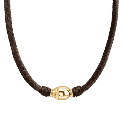 Collar choker con perla central en baño de oro de 22K, con trenza de 4 hilos en piel de borrego y broche de botón - Joyería y bisutería fina