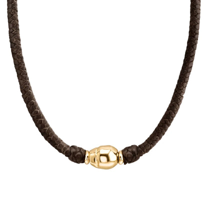 Collar choker con perla central en baño de oro de 22K, con trenza de 4 hilos en piel de borrego y broche de botón - Joyería y bisutería fina