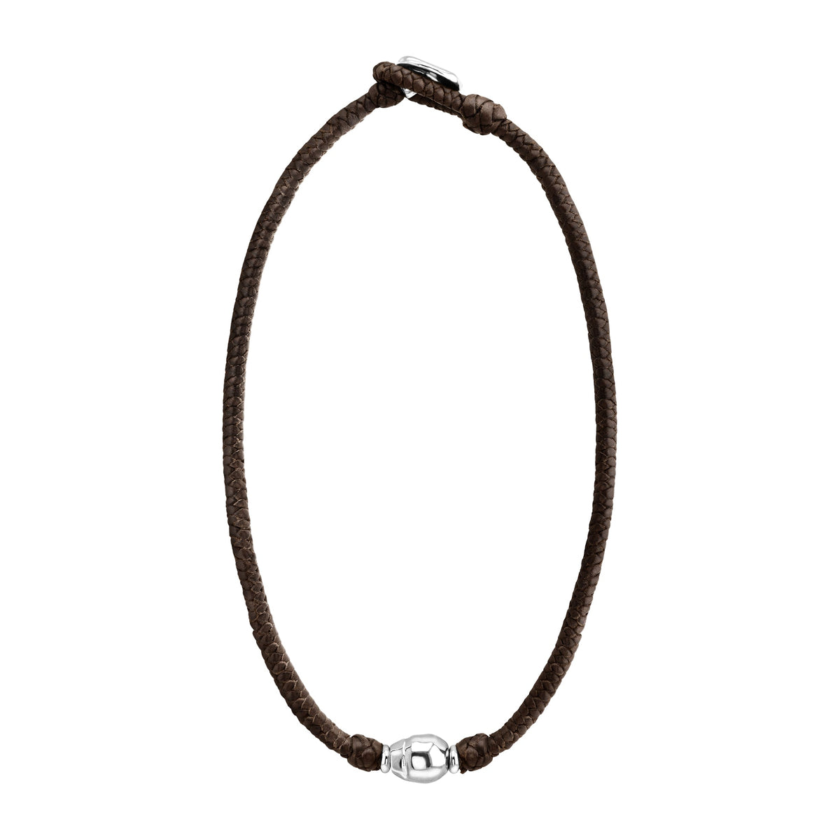 Collar choker con perla central en baño de rodio, con trenza de 4 hilos en piel de borrego y broche de botón - Joyería y bisutería fina