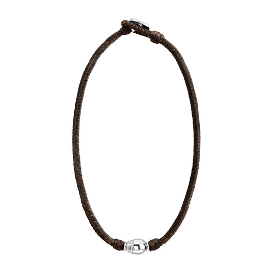 Collar choker con perla central en baño de rodio, con trenza de 4 hilos en piel de borrego y broche de botón - Joyería y bisutería fina