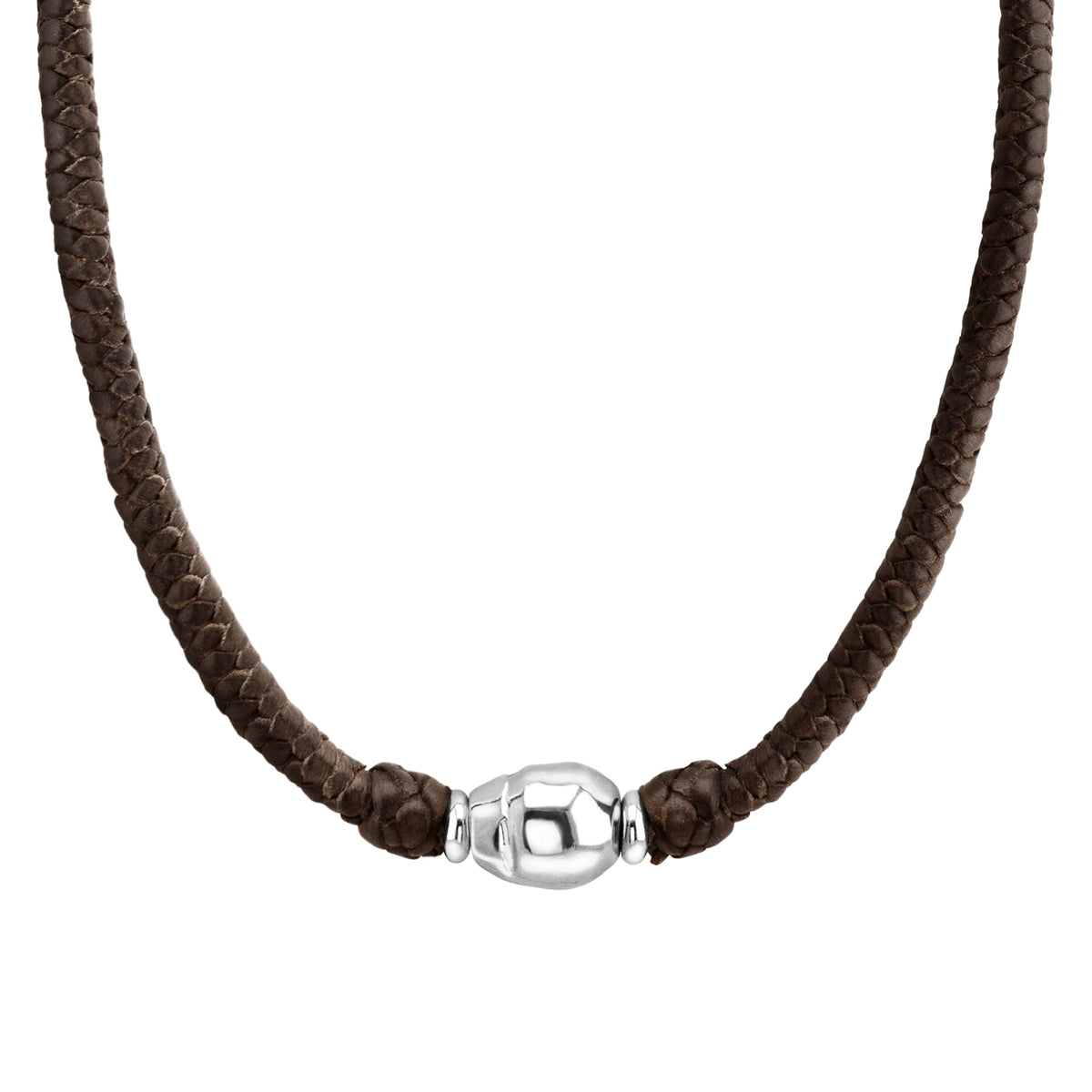 Collar choker con perla central en baño de rodio, con trenza de 4 hilos en piel de borrego y broche de botón - Joyería y bisutería fina