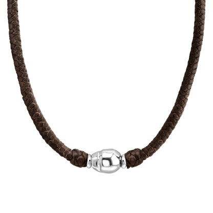 Collar choker con perla central en baño de rodio, con trenza de 4 hilos en piel de borrego y broche de botón - Joyería y bisutería fina