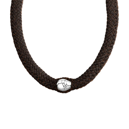 Collar choker con broche de botón, en trenza plana de 8 hilos de piel natural de borrego, perla en baño de rodio - Joyería y bisutería fina