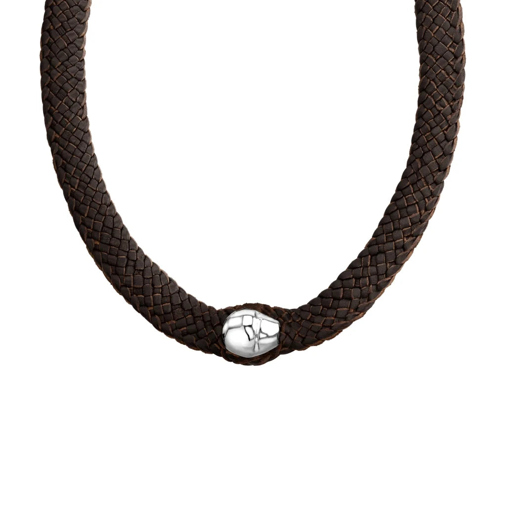 Collar choker con broche de botón, en trenza plana de 8 hilos de piel natural de borrego, perla en baño de rodio - Joyería y bisutería fina