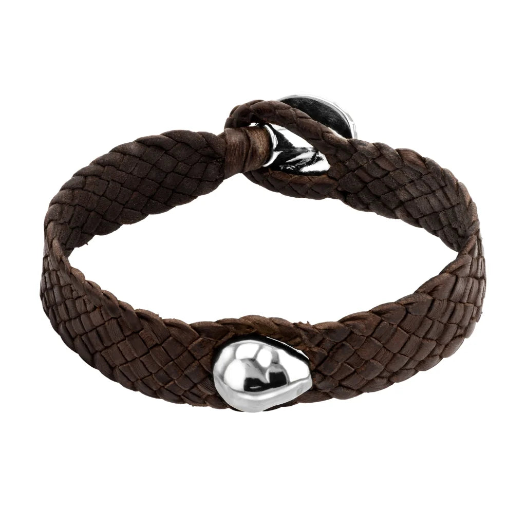 Pulsera de piel natural de borrego en trenza plana de 8 hilos con perlas y broche en baño de rodio - Joyería y bisutería fina