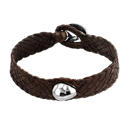 Pulsera de piel natural de borrego en trenza plana de 8 hilos con perlas y broche en baño de rodio - Joyería y bisutería fina