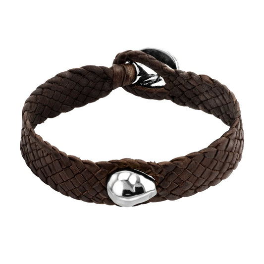 Pulsera de piel natural de borrego en trenza plana de 8 hilos con perlas y broche en baño de rodio - Joyería y bisutería fina