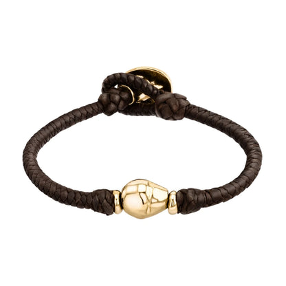 Pulsera de piel natural de borrego en trenza recorrida de 4 hilos con perla, detalles y broche en baño de oro de 22K - Joyería y bisutería fina