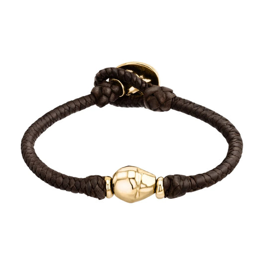 Pulsera de piel natural de borrego en trenza recorrida de 4 hilos con perla, detalles y broche en baño de oro de 22K - Joyería y bisutería fina