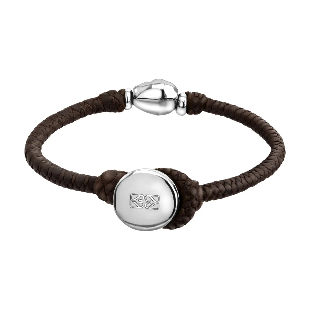 Pulsera de piel natural de borrego en trenza recorrida de 4 hilos con perla, detalles y broche en baño de rodio - Joyería y bisutería fina
