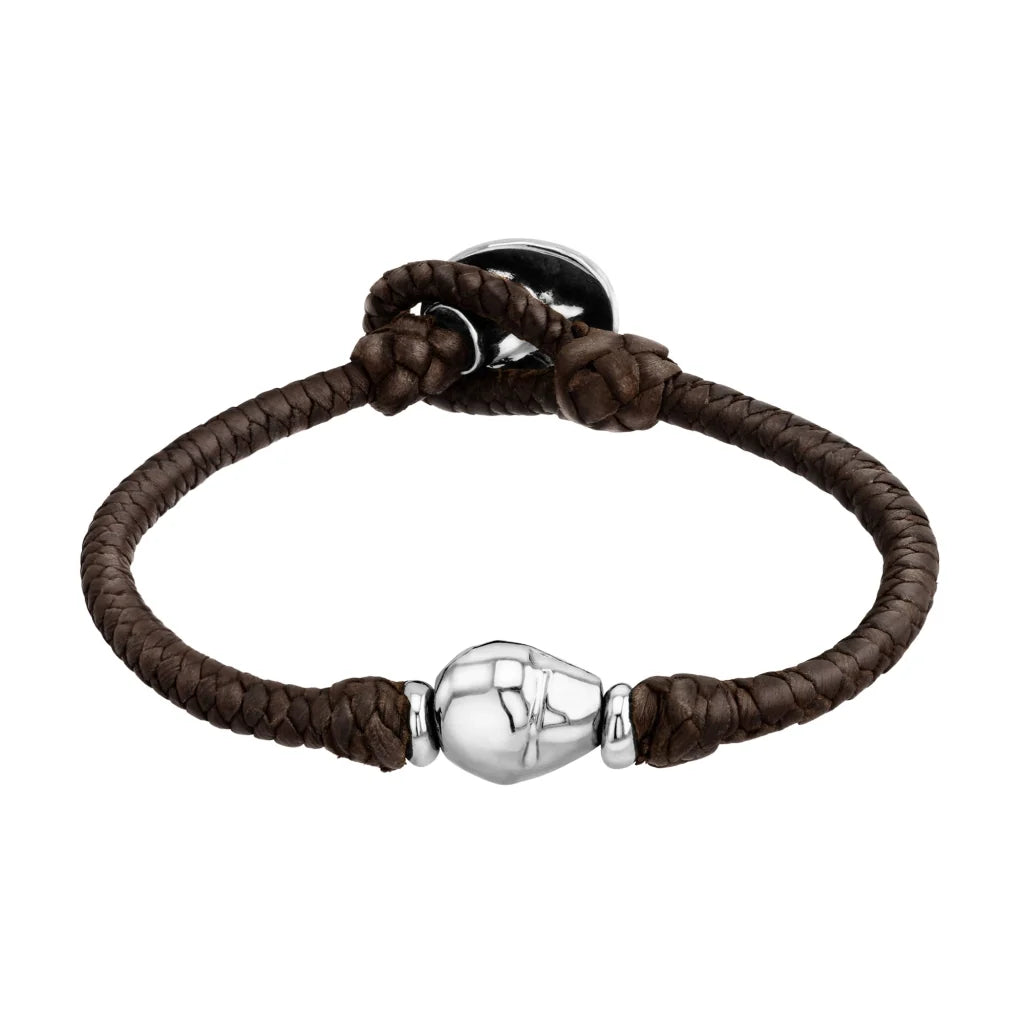 Pulsera de piel natural de borrego en trenza recorrida de 4 hilos con perla, detalles y broche en baño de rodio - Joyería y bisutería fina