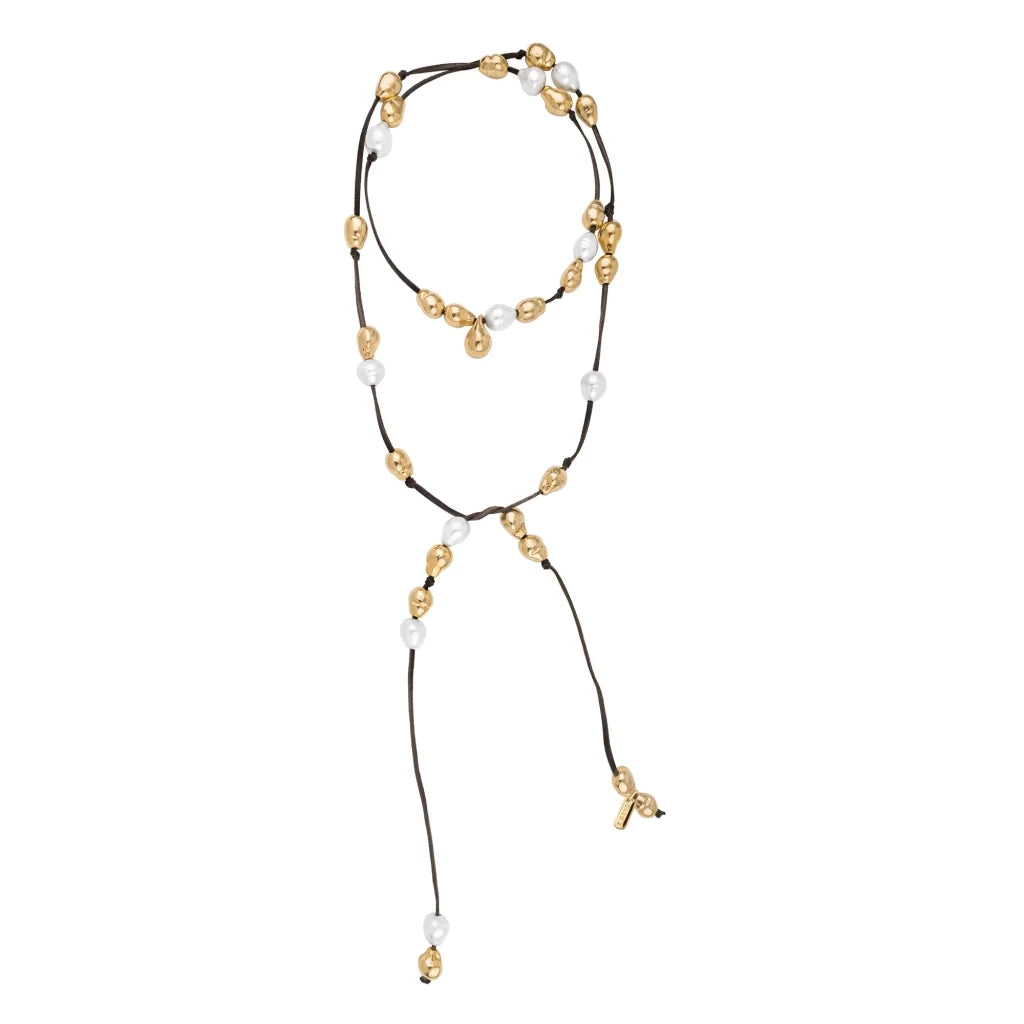 Collar de piel de canguro, con 25 perlas en baño de oro de 22K, con 10 perlas australianas - Joyería y bisutería fina