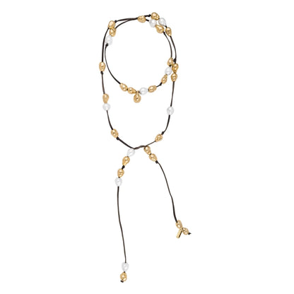 Collar de piel de canguro, con 25 perlas en baño de oro de 22K, con 10 perlas australianas - Joyería y bisutería fina